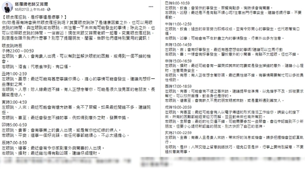 12時辰跳眼皮吉凶兆大公開。（圖／翻攝自塔羅牌老師艾菲爾臉書）