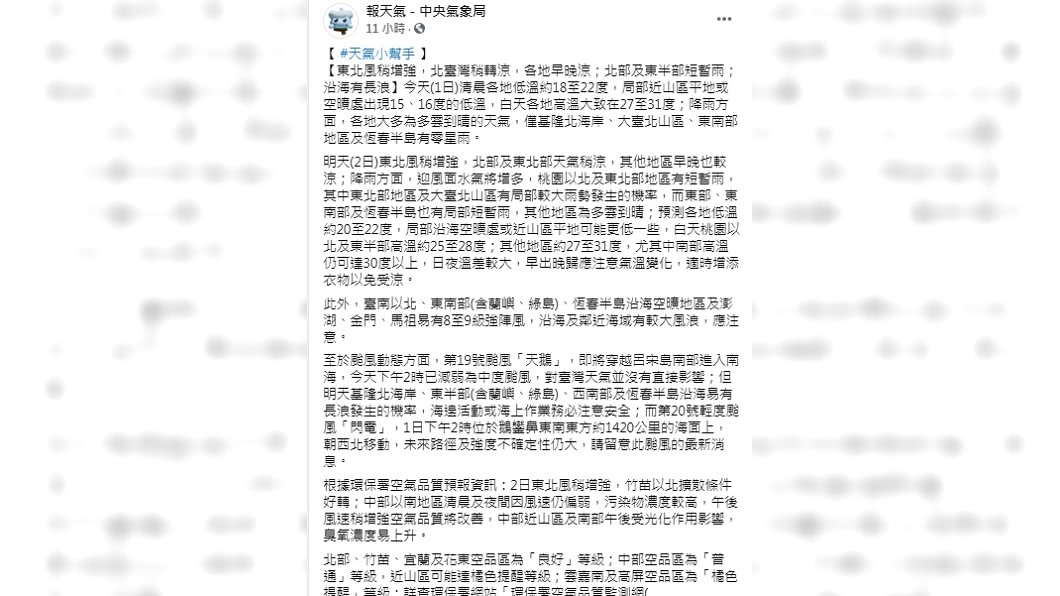 (圖/翻攝自中央氣象局臉書粉專)