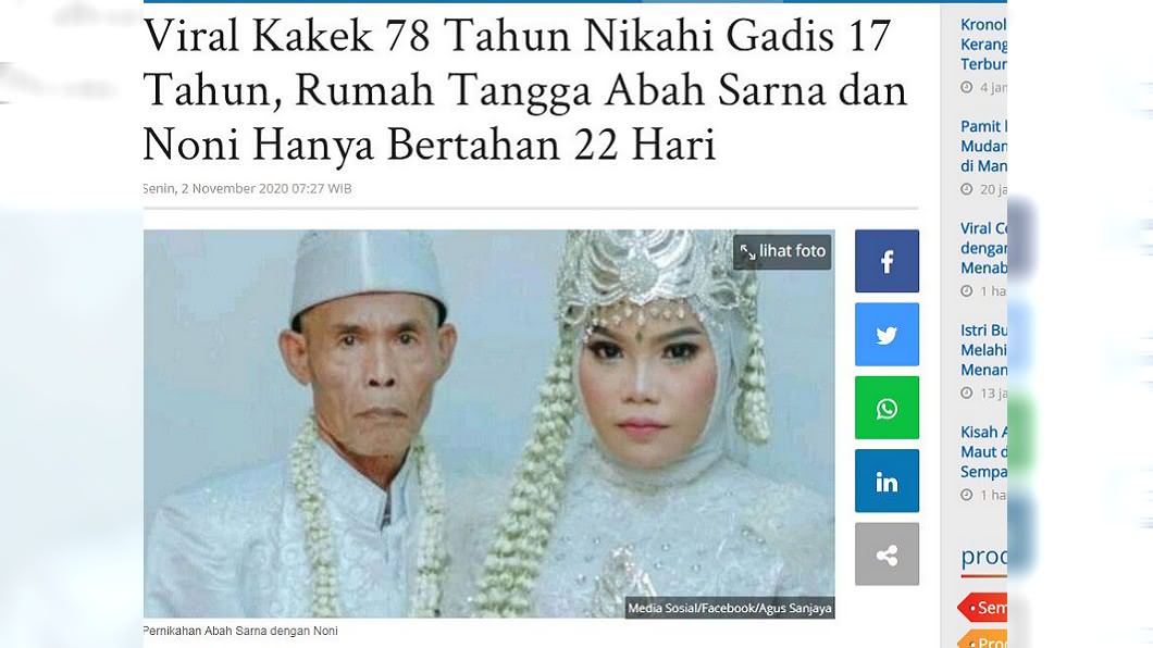 沒想到兩人的婚事僅維持22天就告吹。(圖/翻攝自Tribunnews)