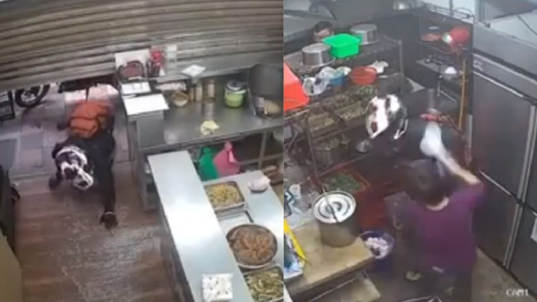 男戴安全帽爬進好友餐廳 婦誤認歹徒怒舉大飯匙追打