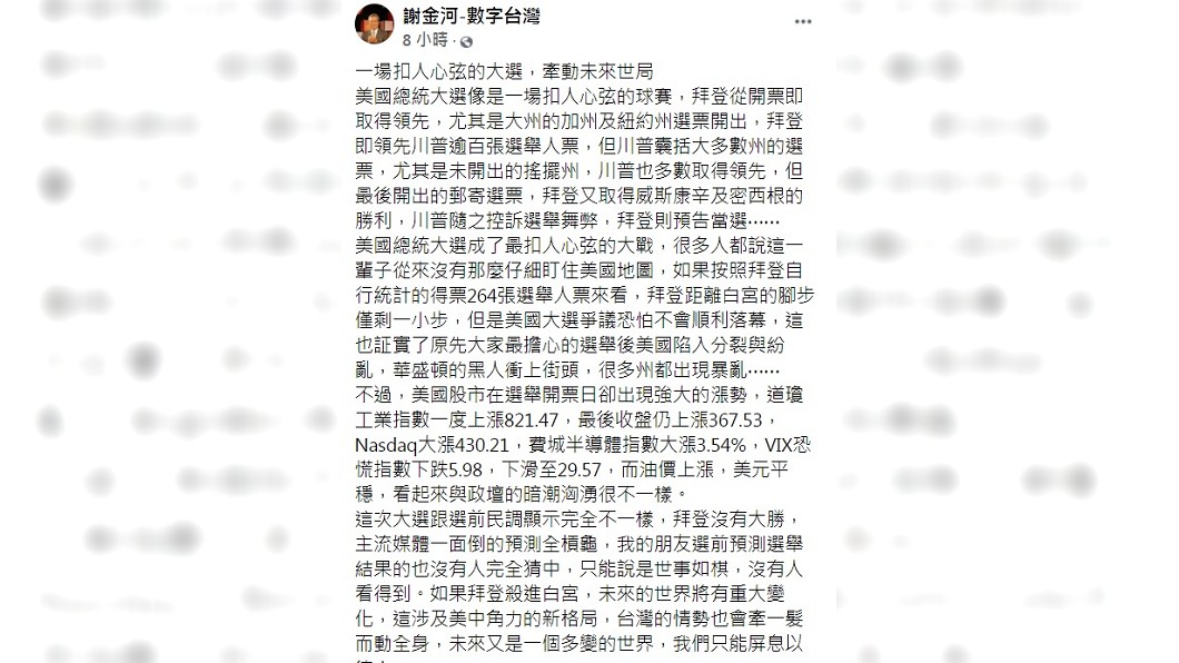 謝金河發文談論美國總統大選。(圖/翻攝自謝金河臉書)