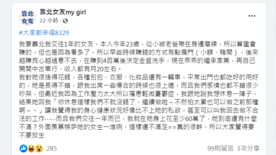 女友反應讓原PO氣憤又難過。(圖/翻攝自臉書社團「靠北女友」)