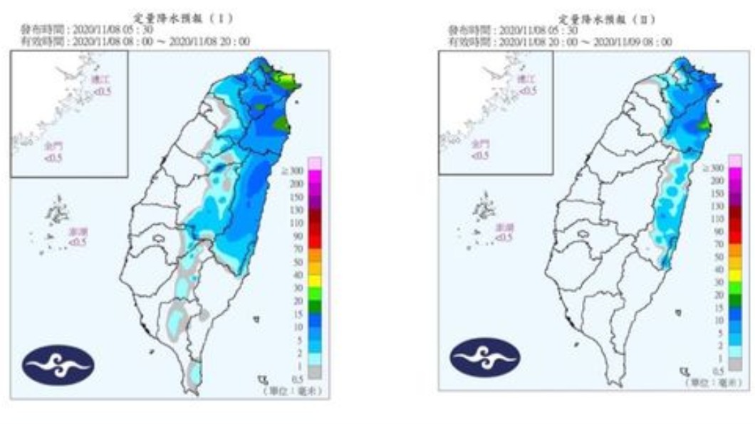 今(8)日起到週二受東北風影響,北部地區都是較潮濕天氣。(圖/中央氣象局)
