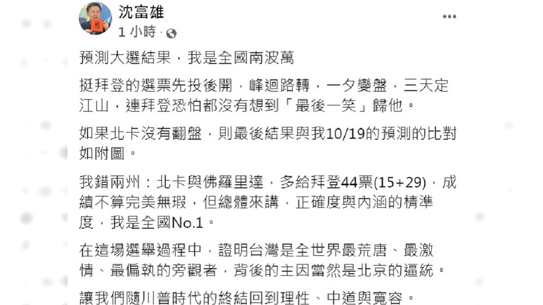 沈富雄發文表示以預測大選的正確度與內涵的精準度來說,他是全國第一。(圖/翻攝自沈富雄臉書)