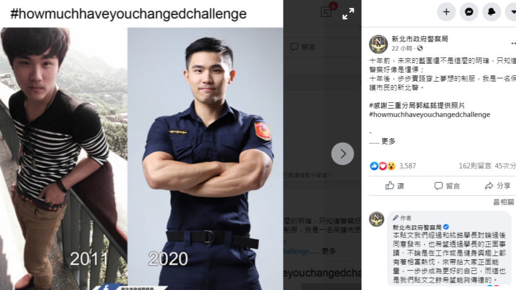 新北市三重分局員警郭紘銘十年間差距甚大。(圖/翻攝自新北市政府警察局臉書)