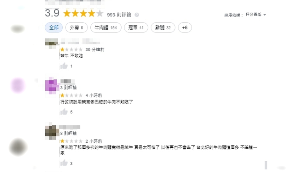 該店家的Google評論早已慘遭網友出征,洗一排1顆星負評。(圖/翻攝當事牛肉麵家google map評論)