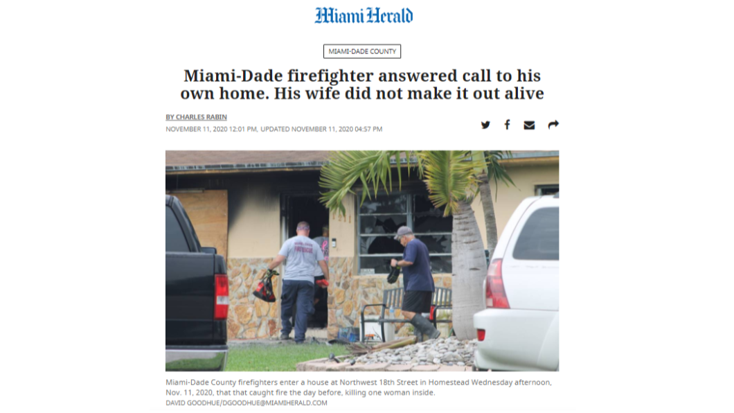 一名消防員家中失火,妻子不幸罹難。(圖/翻攝自Miami Herald)
