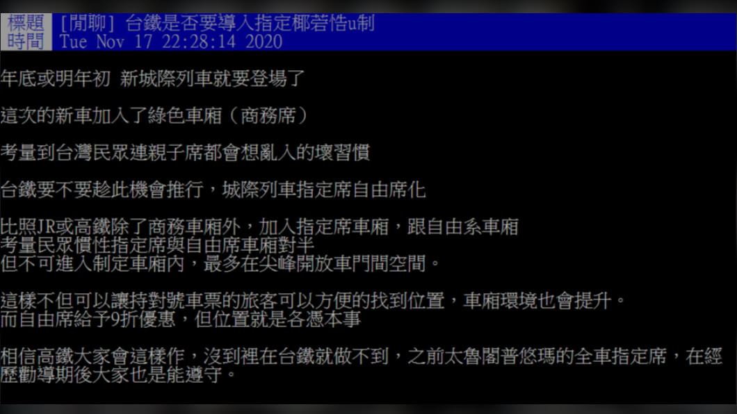 網友喊話台鐵應改善自由席問題。（圖／PTT網友授權提供）