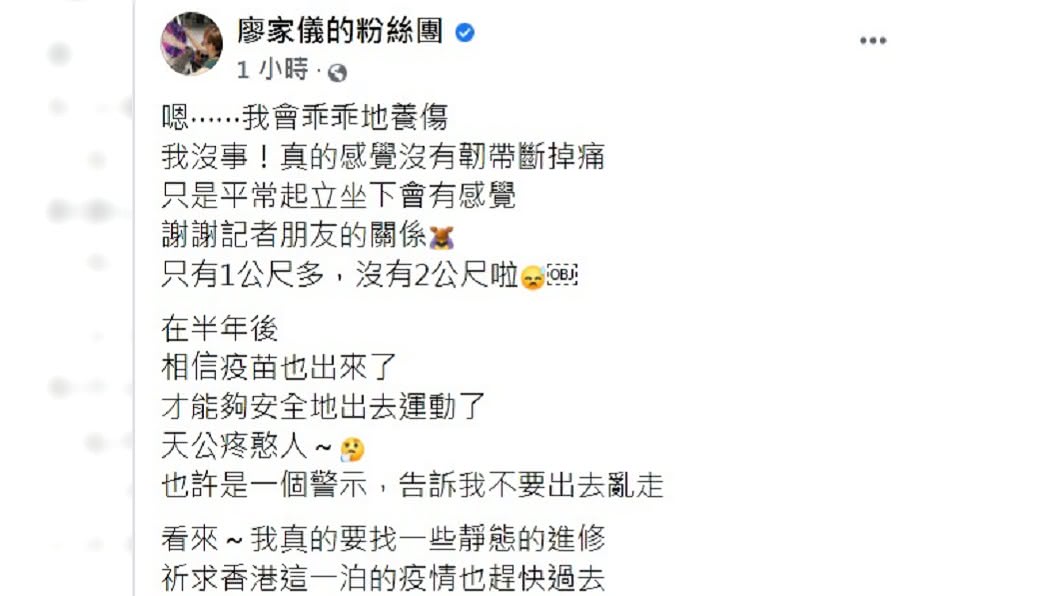 廖家儀感嘆接連的意外也許是警示。(圖/翻攝自廖家儀臉書)