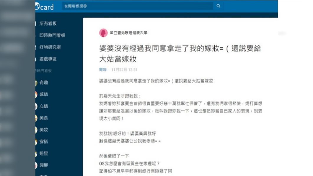 婆婆擅自拿走女子飾品,還要給大姑當嫁妝。(圖/翻攝自Dcard)