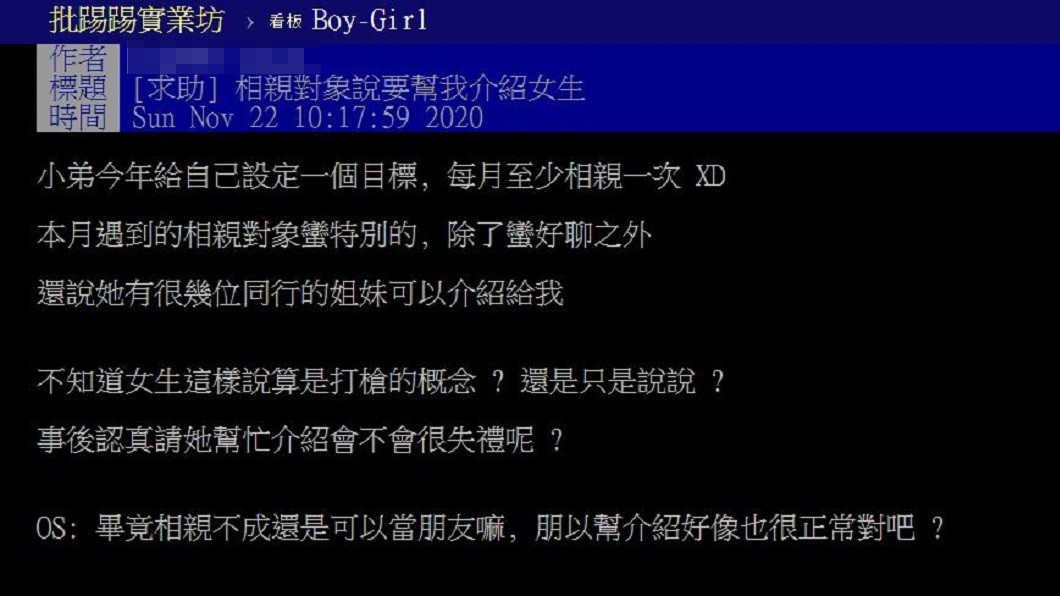 一名男子上網分享,日前參加相親時,反被女方稱說要介紹同行的姐妹給他認識,讓他猜測自己是不是被打槍了。(圖/翻攝自PTT)