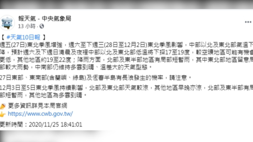 （圖／翻攝自中央氣象局臉書）