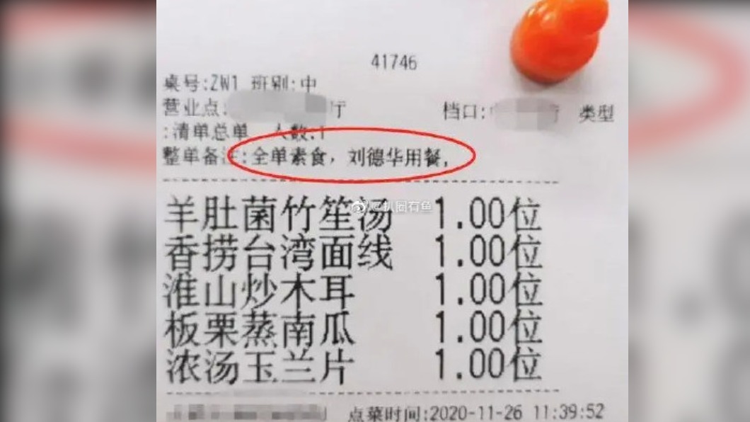 網上流傳劉德華叫外賣的菜單明細。(圖/翻攝自微博/扒圈有魚)