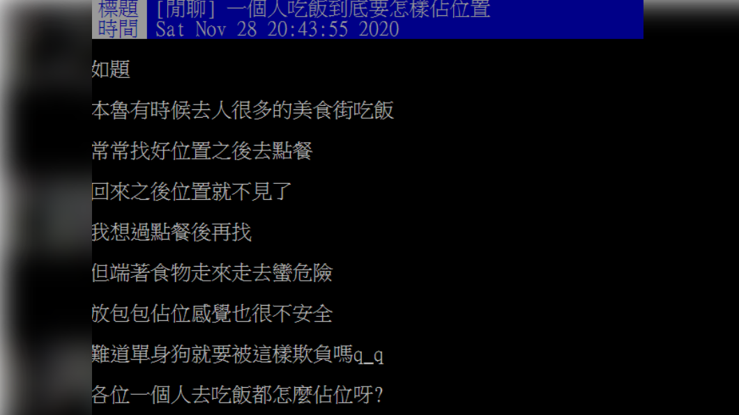 網友好奇一個人吃飯該如何占位。(圖/PTT網友授權提供)