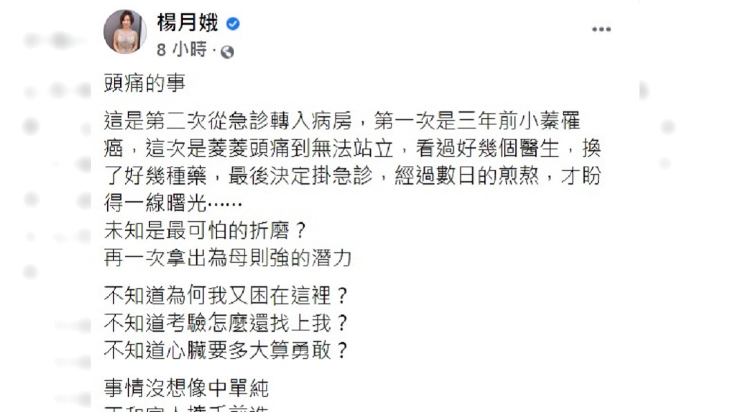 楊月娥感嘆考驗又找上她。(圖/翻攝自楊月娥臉書)