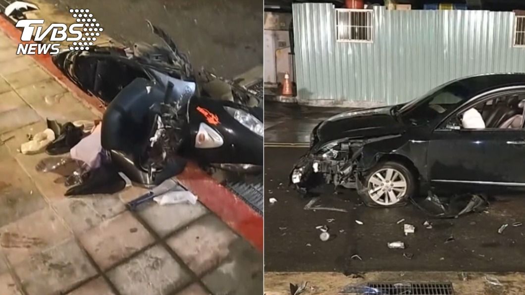 男駕駛逆向衝撞2名騎士,機車幾近解體。(圖/TVBS)