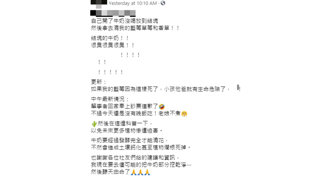 丈夫拿過期牛奶澆灌植栽，氣得女子揚言「不給飯吃」。（圖／翻攝自「爆怨2公社」）