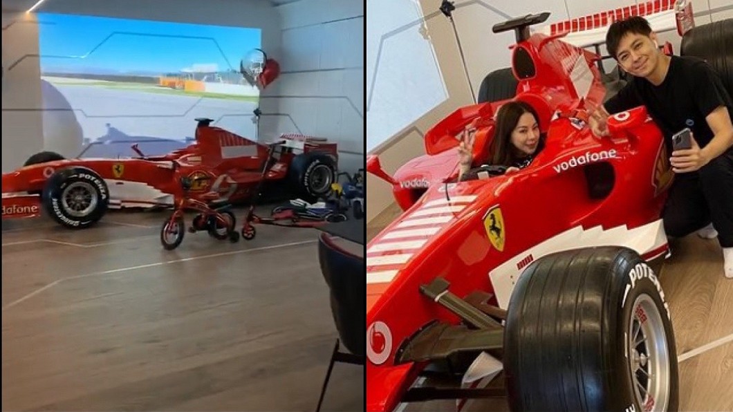 林志穎豪宅客廳擺放一台F1法拉利賽車,楊秀蓉當場試坐。(圖/翻攝自楊秀蓉IG)