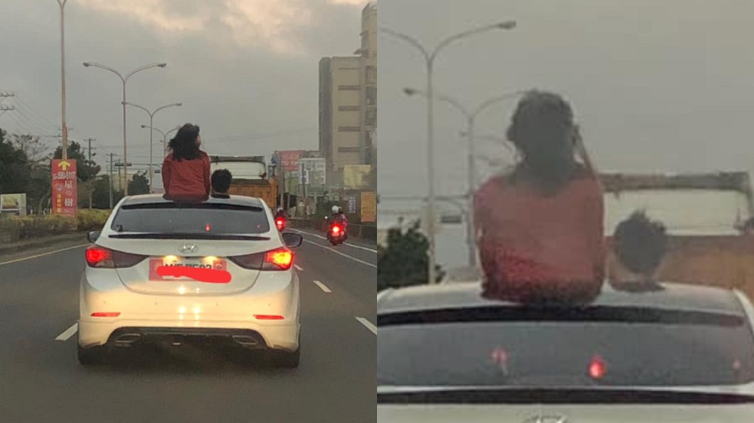 紅衣女「半截探車頂」迎風吹　網怒罵：移動神主牌