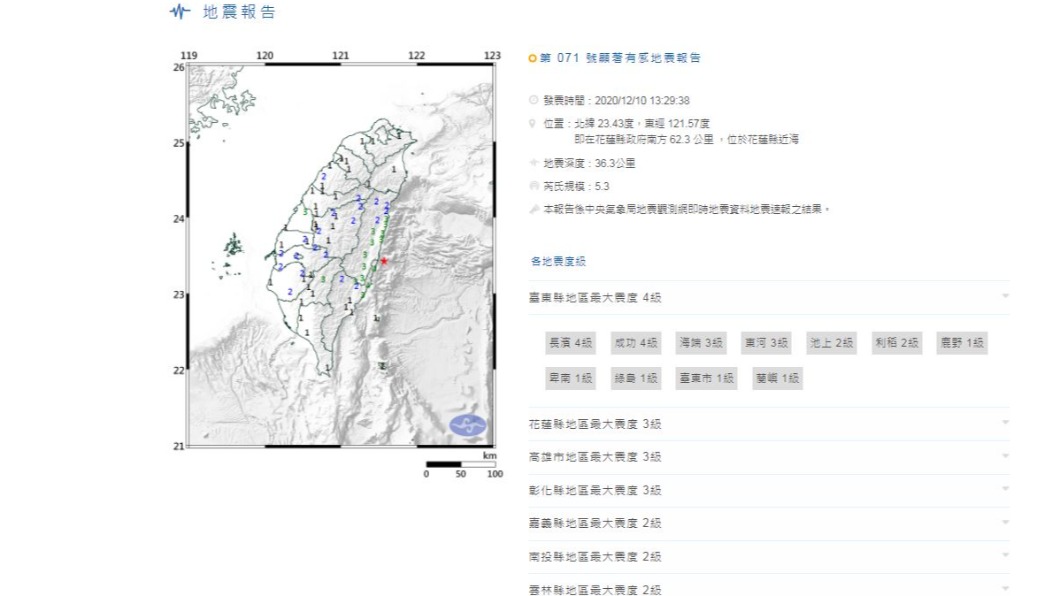 花蓮近海13:29規模5.3地震 最大震度4級
