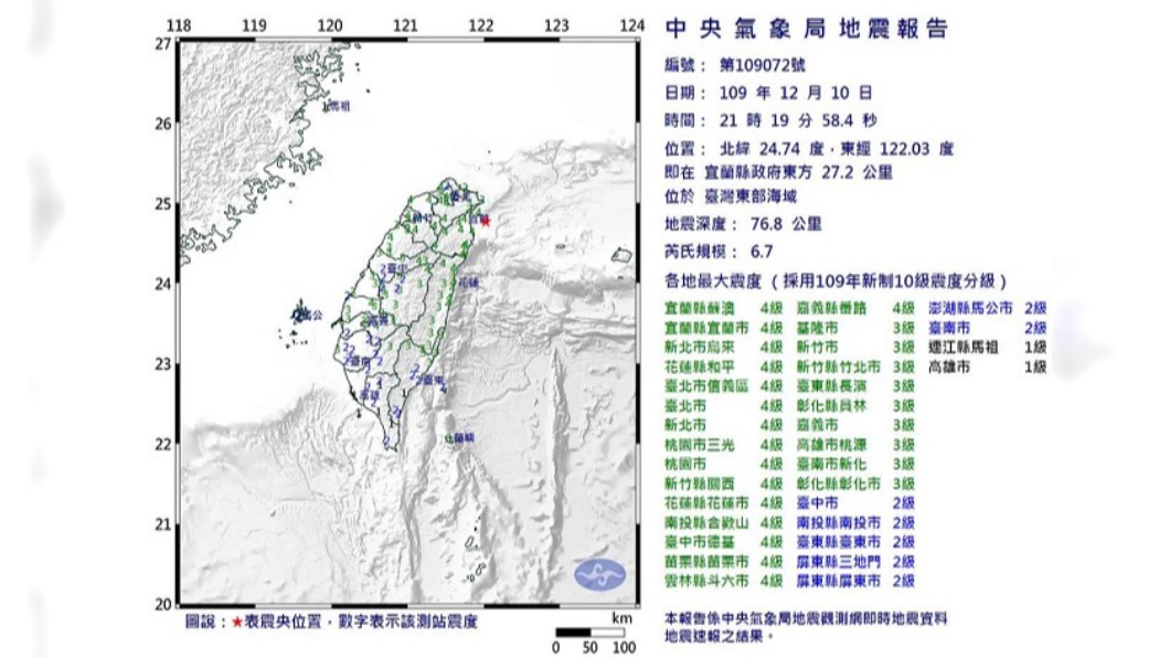 今(10)日21點19分,台灣東部海域發生芮氏規模6.7的有感地震。(圖/翻攝自中央氣象局)