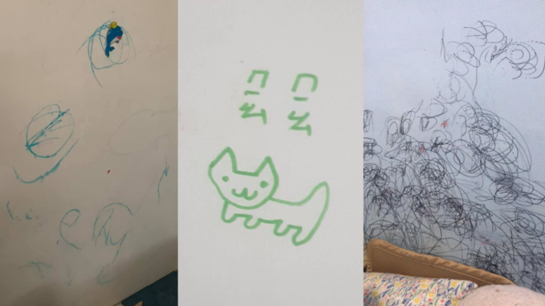 媽媽們曬出自家小孩的奇異筆、彩色筆塗鴉。（合成圖／翻攝自「爆系知識家」）