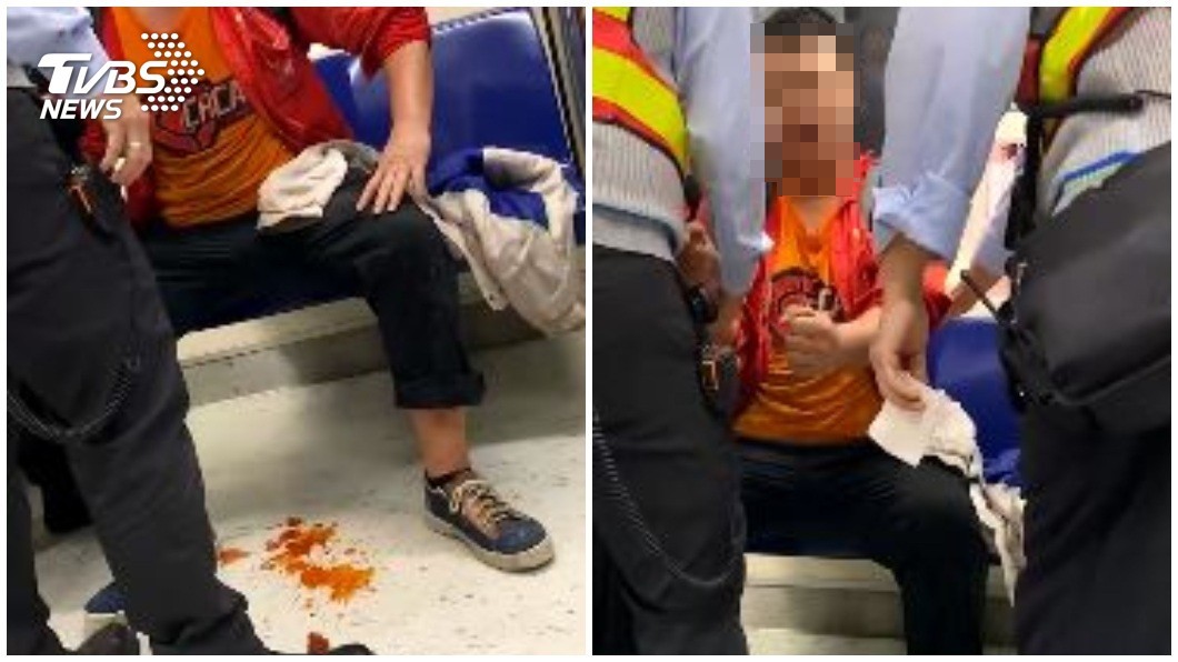 有男子搭乘北捷不但沒戴口罩,甚至還在車廂內吃檳榔吐檳榔汁在地板上,事後遭開罰。(圖/民眾提供)