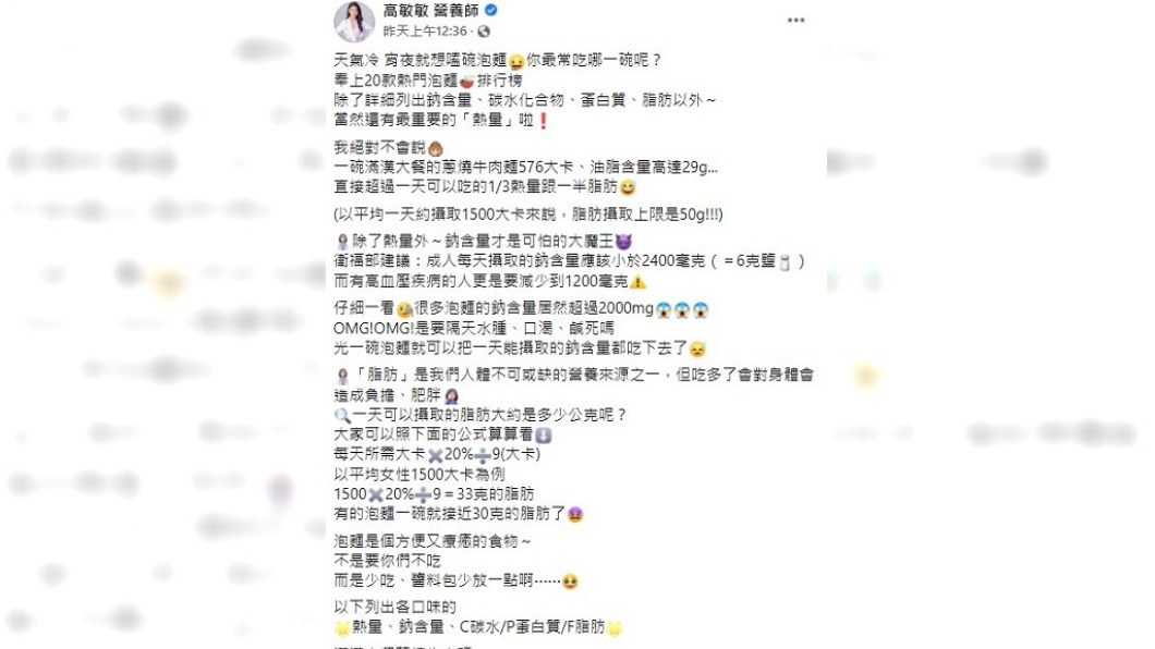 營養師分析市售20款泡麵。(圖/翻攝自高敏敏臉書)
