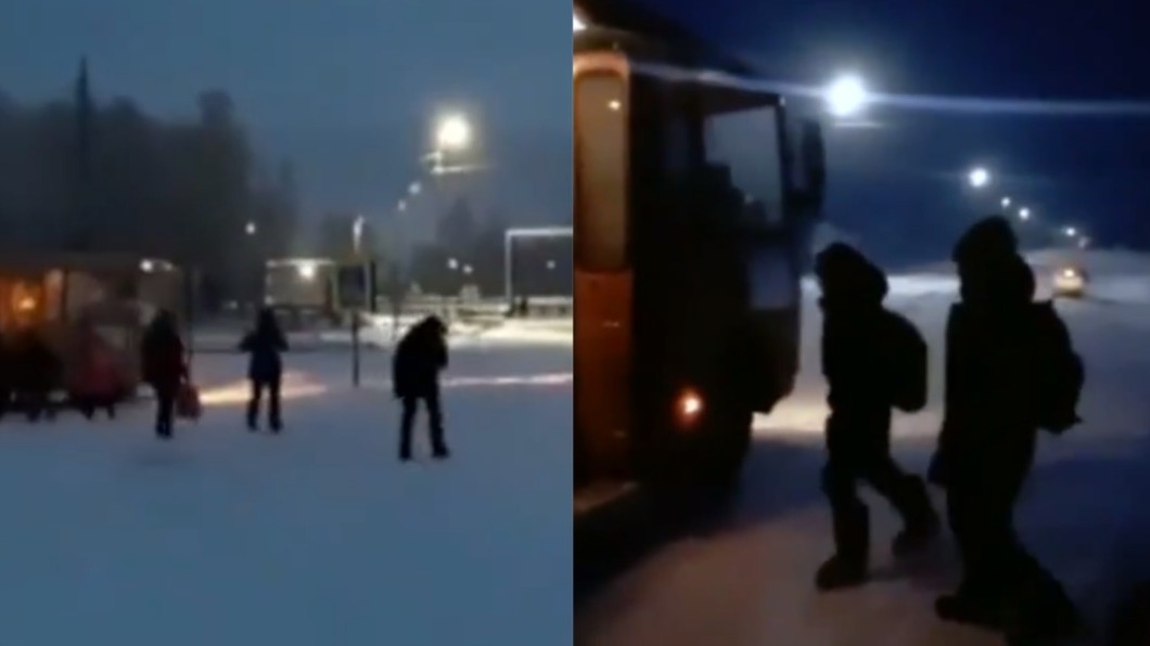 奧伊米亞康的學童不畏風雪上學。(合成圖/翻攝自The Siberian Times推特)