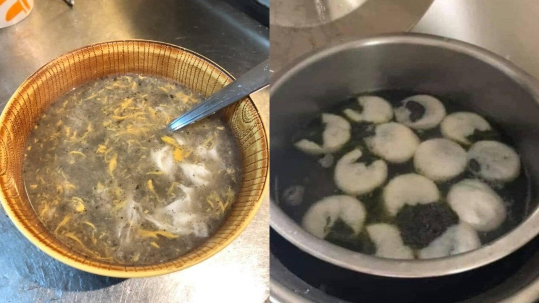 苦主們不小心把芝麻湯圓煮成「蛋花湯」和「吐沙湯圓」。(合成圖/翻攝自「婦仇者廚房」)