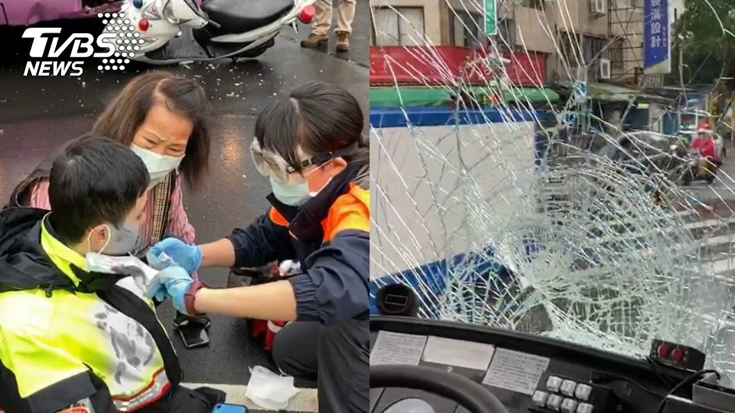 員警遭到猛力撞擊口罩沾滿鮮血,公車擋風玻璃也大面積裂開。(經變色處理,圖/TVBS)