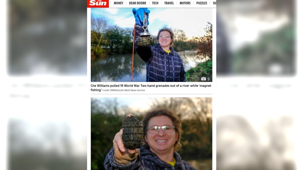 男子用磁吸釣竿拉起手榴彈。(圖/翻攝自The Sun)