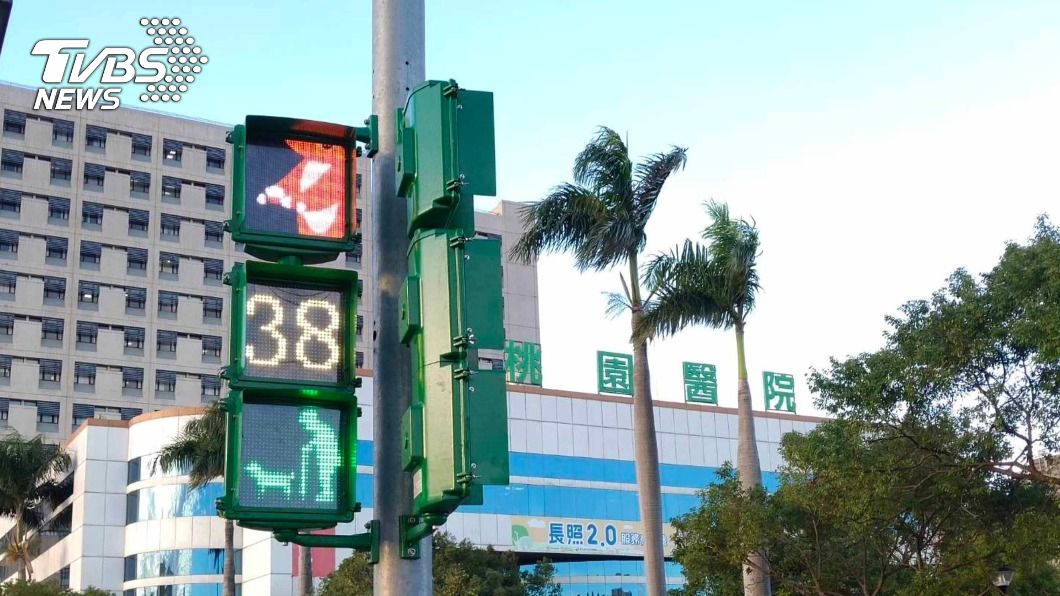 桃園醫院旁設限定版行人號誌燈 小綠人拄拐杖遛狗