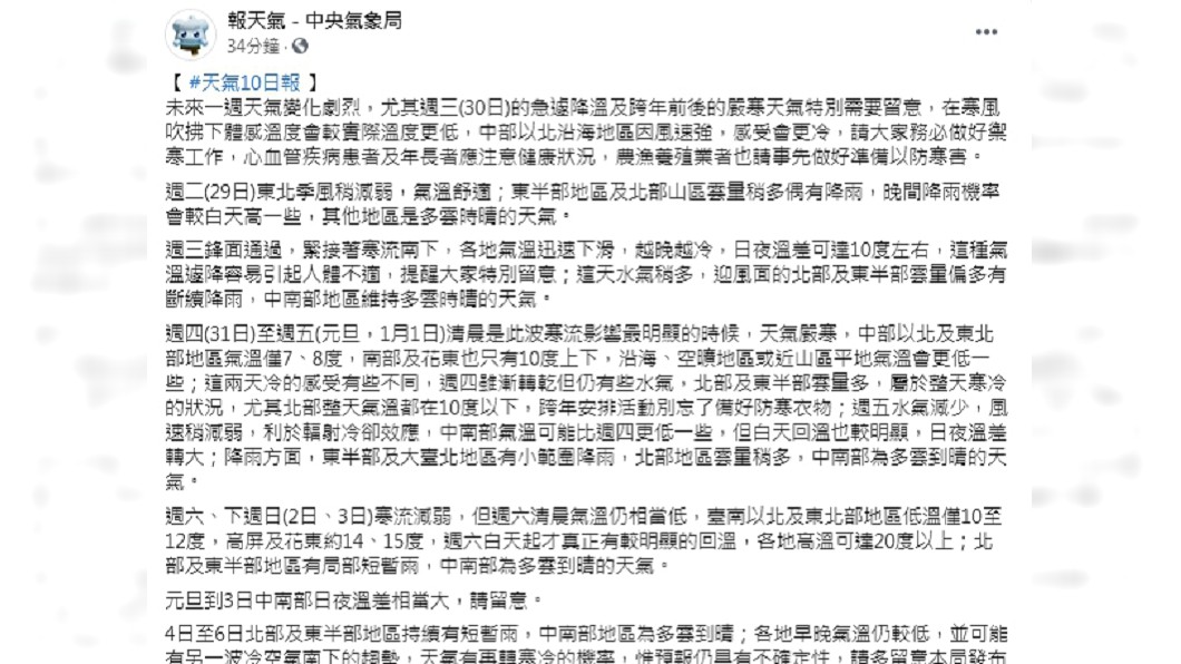 （圖／翻攝自中央氣象局臉書）