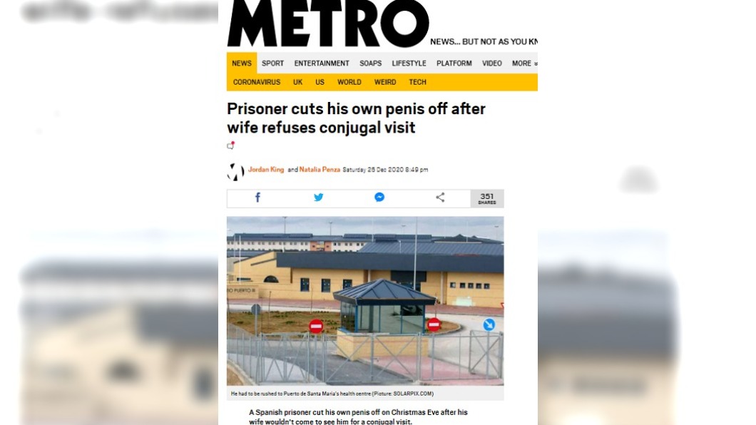 一名囚犯在獄中自宮。(圖/翻攝自Metro)