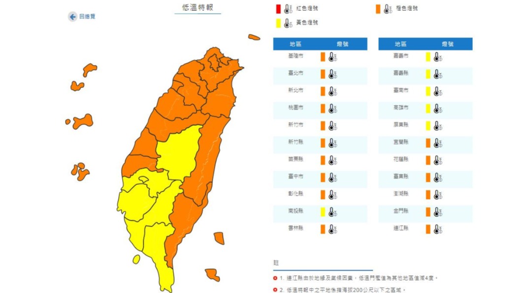 全台16縣市也呈現「非常寒冷」的橙色燈號。(圖/中央氣象局)