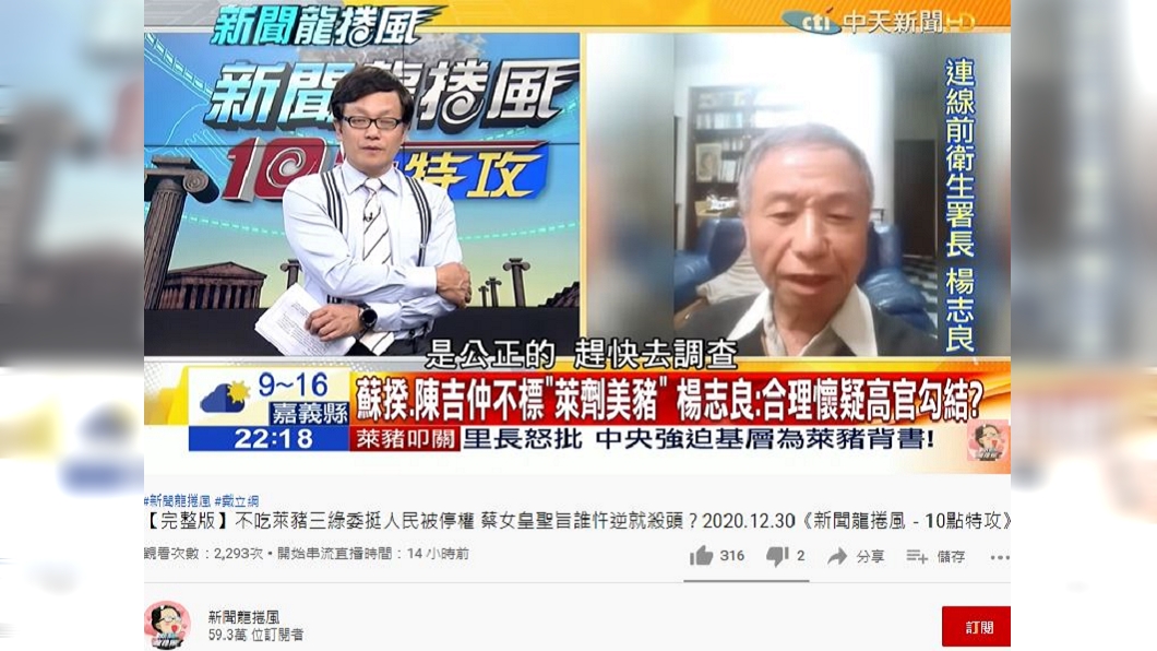 前衛生署長楊志良要監察院查蘇貞昌、陳吉仲、陳時中。(圖/翻攝自新聞龍捲風YouTube)