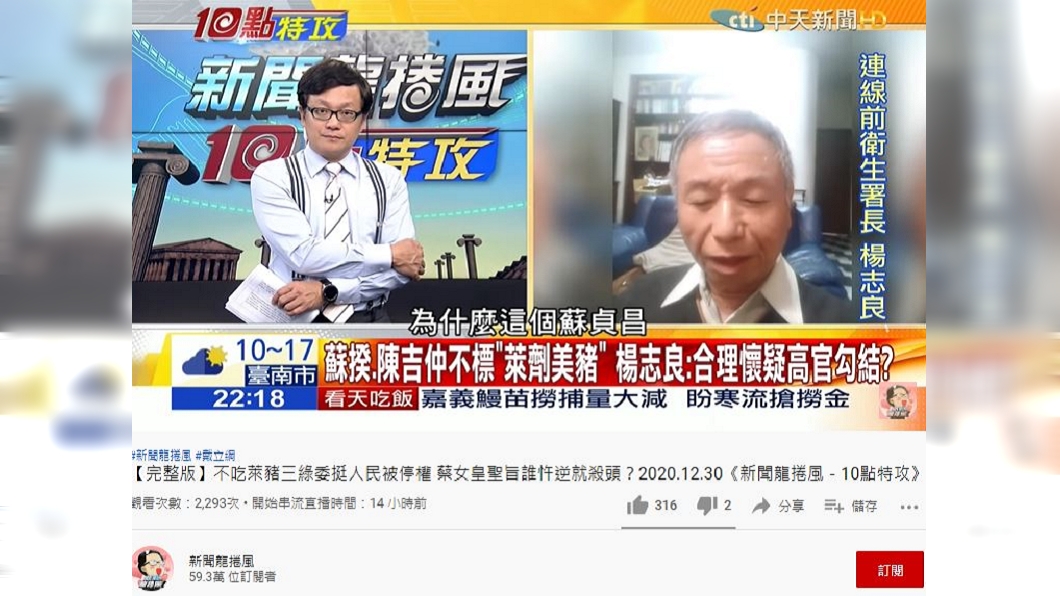 前衛生署長楊志良要監察院查蘇貞昌、陳吉仲、陳時中。(圖/翻攝自新聞龍捲風YouTube)