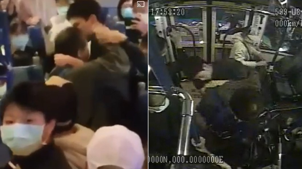 學生與老伯在公車上互毆。(合成圖/翻攝自PTT八卦版、TVBS)