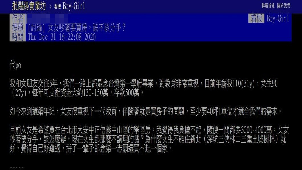 有一對台大畢業的情侶，為了是否要在台北市蛋黃區買房的問題，吵到快要分手。（圖／翻攝自PTT）