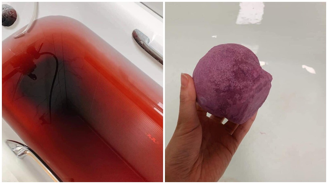 民眾還發現浴缸內的紅色水還出現漸層,追查發現竟是沐浴球造成的。(圖/翻攝自爆廢公社公開版)