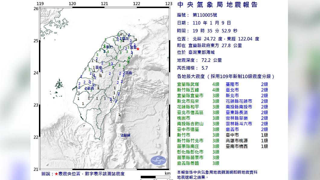 東北部外海發生規模5.7地震,最大震度4級。(圖/中央氣象局)