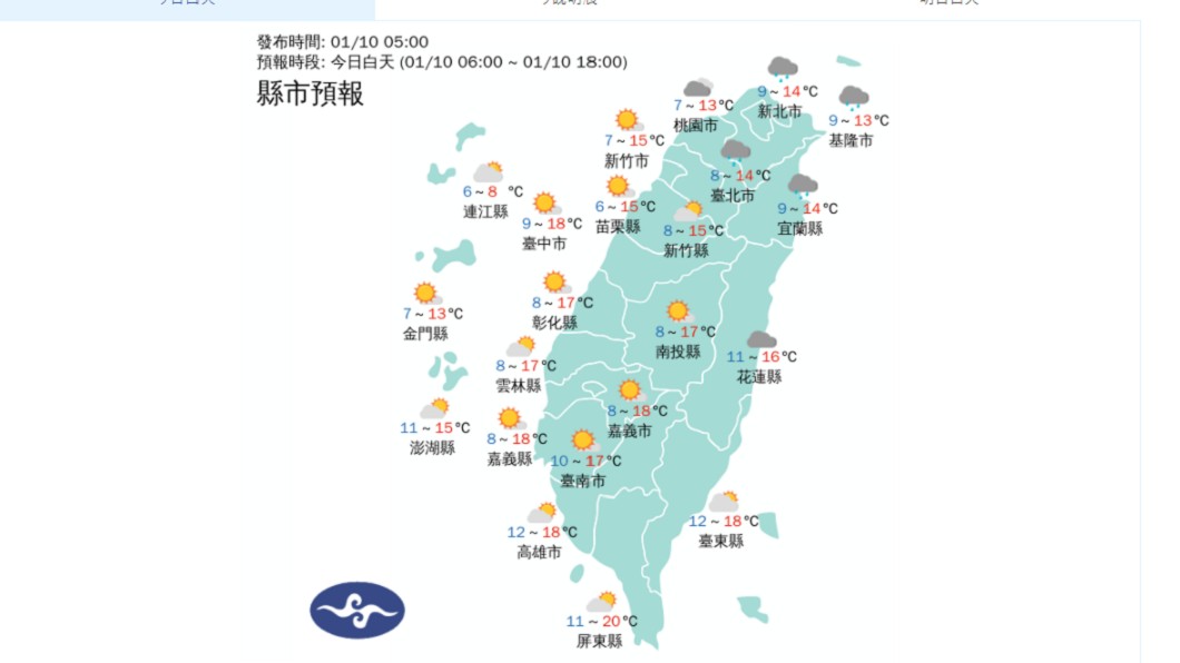 10日白天氣溫回升。（圖／翻攝自中央氣象局官網）