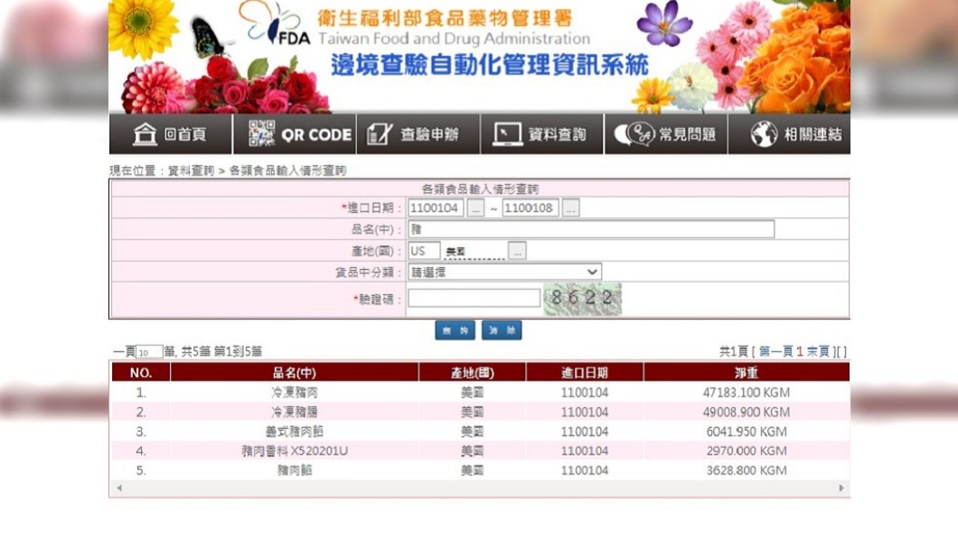 4日當天有5批總重逾108噸的美豬進口。（圖／翻攝自邊境查驗自動化管理資訊系統）