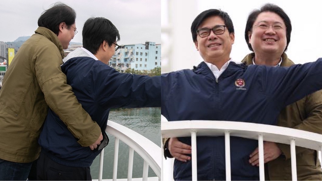 陳其邁基隆市長林右昌推動高雄、基隆雙港郵輪觀光,兩人還上演《鐵達尼號》經典場面。(圖/翻攝自林右昌、陳其邁臉書)