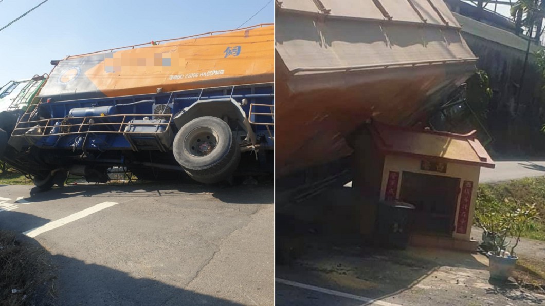 飼料車險翻覆，幸運被路旁小祠頂住。（合成圖／翻攝自「爆廢公社公開版」）