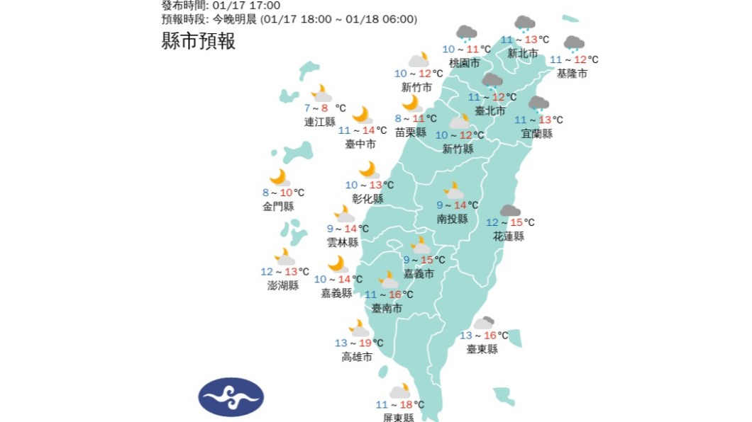 受大陸冷氣團影響,竹苗地區明(18)日有機會降至8度。(圖/中央氣象局)