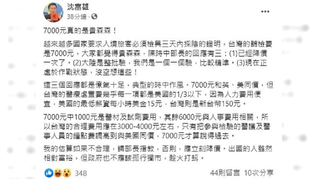 沈富雄呼籲政府別趁火打劫。(圖/翻攝自沈富雄臉書)