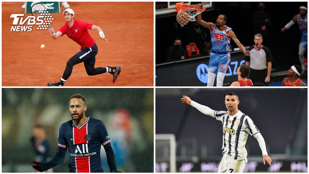 左起順時針英國網球明星安迪莫瑞 、NBA球星杜蘭特、巴西足球明星內馬爾 、葡萄牙足球明星C羅。(圖/達志影像路透社)