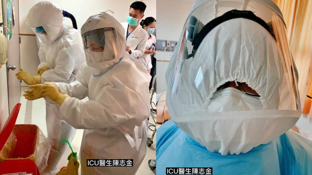 有名醫護人員在演練過程頭套滑下來。(圖/翻攝自陳志金臉書)